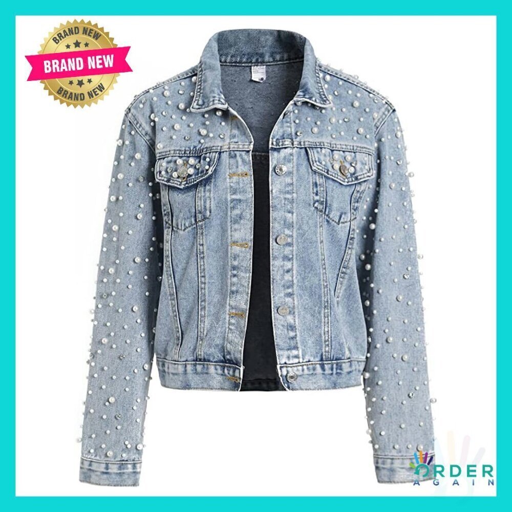 Cropped Denim Jacket Pearls Rhinestones Y2K Chic Casual Distressed Crop